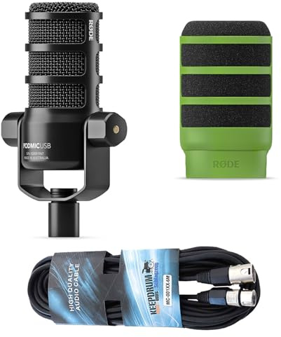 Rode Mikrofon Podmic USB mit WS14G Popschutz Grün und keepdrum XLR Kabel