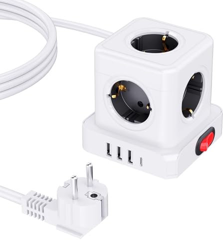 Bloc multiprise cube 5 prises, multiprise cube USB (3680 W/16 A), multiprise cube avec interrupteur, 1,5 m, rallonge multiprise, adaptateur pour bureau, maison, blanc