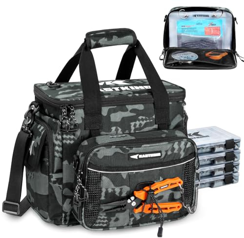 KastKing BaitSpace Fishing Tackle Bag With 4 Tackle Boxes & Removable Bait Binder, Water-Resistant Tackle Storage, Durable Fishing Gear, Adjustable Shoulder Strap