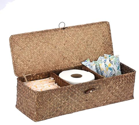 IGNPION Cesta de almacenamiento de 3 compartimentos con tapa, cesta tejida de hierba marina para escritorio, caja organizadora de almacenamiento para baño, estantes y escritorios, cesta de mimbre