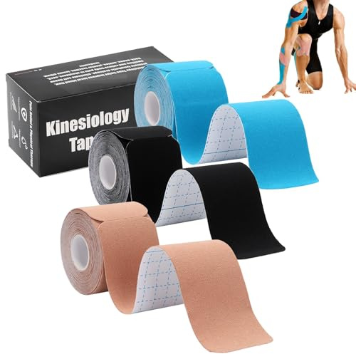 3 Rolls Kinesiology Tape Pre Cut, 5cm*5m KT Tape Sports Tape Elastic Self-Adhesive Bandage Strapping, Support Muscle Tape Physio Tape Kinesio Tape for Moleskin Ankle Knee, Breathable & Waterproof