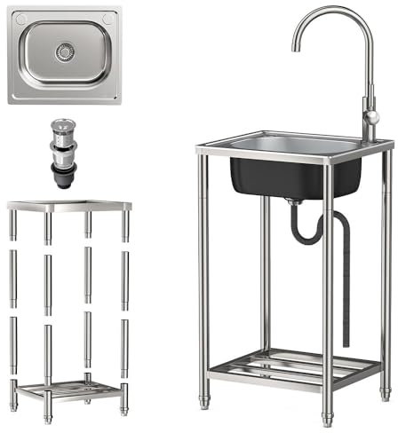 Freistehende Edelstahl Spültisch, Edelstahlspüle 1 Becken, Gewerbliche Spülbecken mit Wasserhahn und Ablassvorrichtung, Spüle für Camping Küche Restaurant Garage Wäscherei
