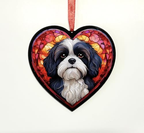 Shih Tzu Black & White Heart Suncatcher - Memorial or Gift for Dog Lovers - 13cm