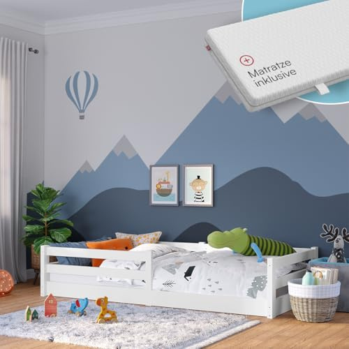 Bellabino Iskri Bodenbett 90x200 cm – Montessori Kinderbett mit Matratze, Rausfallschutz & Lattenrost – Holzbett für Jungen & Mädchen aus Kiefer Massivholz in Weiß – Kleinkindbett