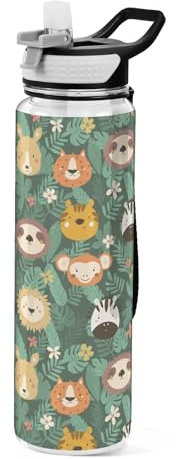 Mnsruu Bouteille d'eau de sport en Tritan sans BPA avec paille - Motif visages d'animaux mignons - Paresseux et palmier - 1 l