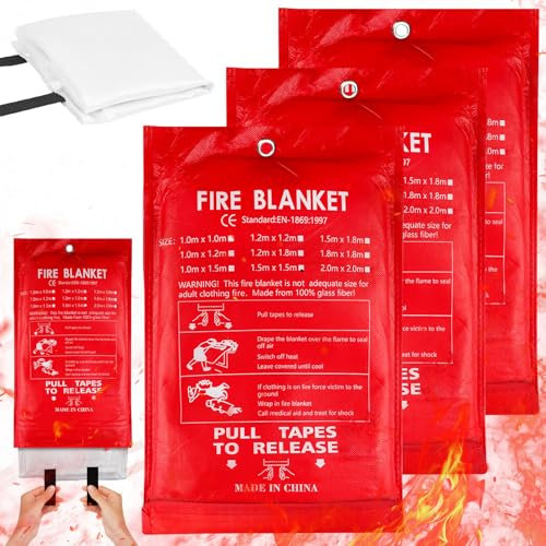 WIYETY 3 coperte antincendio Premium in fibra di vetro, 100 x 100 cm, coperta antincendio per cucina, kit di sopravvivenza di emergenza per cucina, camino, barbecue, auto, campeggio, anche per incendi