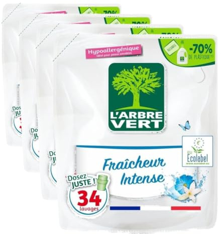 L'Arbre Vert Recharge Lessive Ecolabel Fraîcheur intense - Hypoallergénique - 34 Lavages - 94% d'ingrédients d'origine naturelle - 1,53L (Lot de 4)