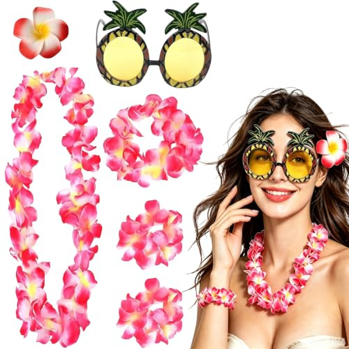 5-Teiliges Set Hawaii Outfit Damen mit Blumenkranz, Blumenhaarband, Blumenarmbandes, Blütenkopfes & Ananas-Sonnenbrille – Perfekt für Strandpartys, Sommerfeste & Karneval