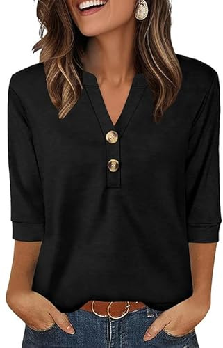 OFEEFAN Womens Tops 3/4 Sleeve T Shirts for Women Summer Travel Essentials Ladies Tops and Blouses Henley Shirts Black M