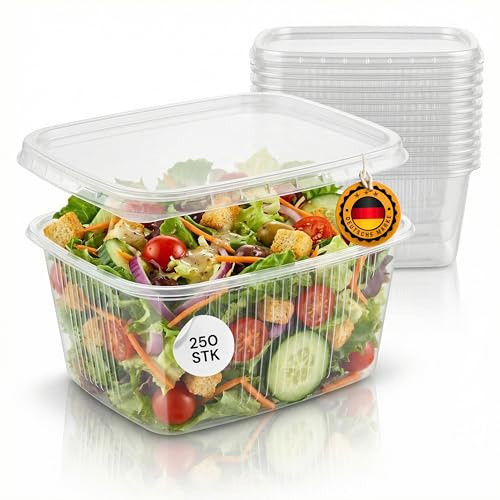 LogiPack GeRo 250 Stück Premium Feinkostbecher mit Deckel eckig – Salatbecher, Snackschale & Verpackungsbecher aus Polypropylen – Ideal für Gastronomie & Take-Away – Made in EU (250ml)