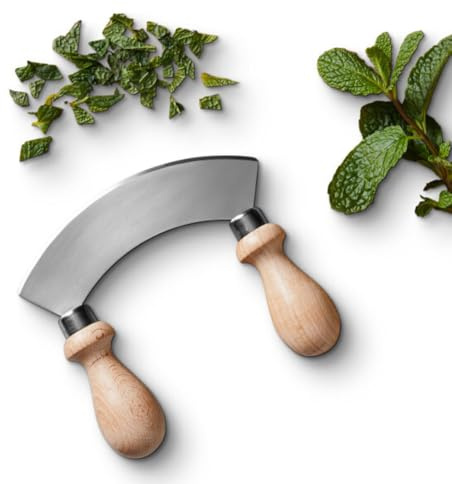 5.6” Stainless Steel Mezzaluna Knife - Salad Chopper, Pizza Cutter Rocker Blade, or Slicer Vegetable Cutter - Curved Mincing and Chopping Knife with Double Handles by Classic Cuisine