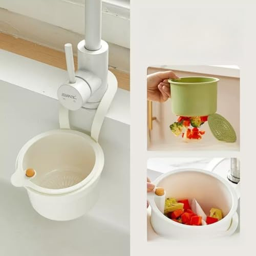 Kitchen Sink Strainer Basket, Faucet Hanging Strainer, Multi-Functional Food Colander,Press Automatic Dumping Kitchen Draining Basket, Easy Drain Filter with Bottom Release (White)