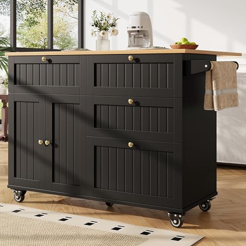 Lahoomu Kücheninsel, Küchenschrank, Buffetschrank, Speisewagen mit Holzmaserung, Multifunktionale Esstisch mit Speicherraum, mit Stretchfunktionsschränken, Schwarz