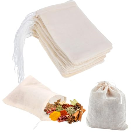 COAFTUG 30pcs Cotton Spice Bags for Cooking 10 * 15cm Reusable Tea Bags Resuable Muslin Drawstring Bags Empty Small Mesh Bag for for Cooking, Herb, Soup, Tea Coffee Filter, Spice Storage