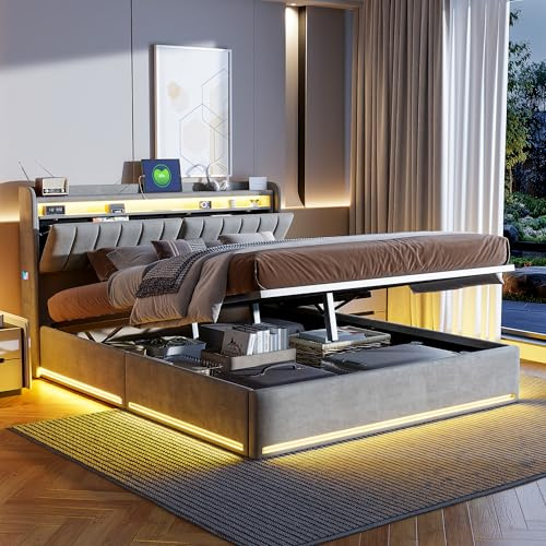 Fofetbfo Bett 160 x 200 cm mit LED- und USB, Bettgestell mit Stauraum und Kopfteil, gepolstertes Doppelbett mit Hydraulikfunktion, Lattenrost, für Erwachsene, Samt