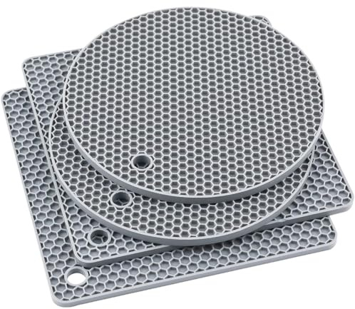 LznYi Silicone Trivet Mat, 4Pcs Pot Holder - Hot Pads Non-Slip Heat Resistant Table Placemats for Kitchen Counter, S Sturdy Drying Mat, Jar Opener and Coasters (4Pcs Grey)