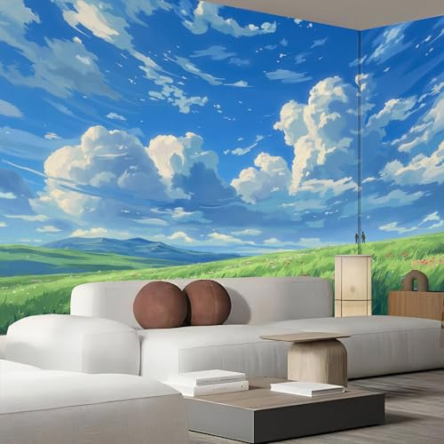 MIATCENRT Bleu Papier Peint Murale ‎150x105cm (L×H), Peinture À L'Huile Paysage Ciel Herbe Panoramique Image, Photo Wallpaper Tapisserie pour Salon, Adulte Chambre d'enfants, Étude Décoration