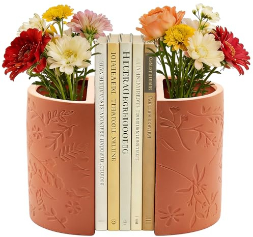 Decorative Bookends, Flower Pot Book Ends for Shelves, Terracotta Kitchen Bookends Novelty Plant Pot Holder, Office Book Shelf Accessories with Funny Indoor Plants Pot