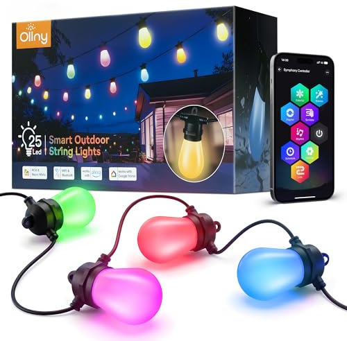 Ollny Lichterkette Außen 20M, RGBW S14 LED Lichterketten Outdoor Strom Dimmbar, 90+ Szenenmodi, App-Steuerung, Funktioniert mit Alexa, Google Assistant,IP65 Gartenbeleuchtung für Garten Party Terrasse