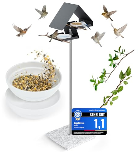 Vogelhaus mit Ständer wetterfest aus Metall [Vogel-Bistro-Futterhaus] - Vogelfutterhaus mit massivem Granit-Standfuß & 2 Schalen für Futter & Wasser | Design-Vogelhaus 130cm hoch stehend | sortiQ