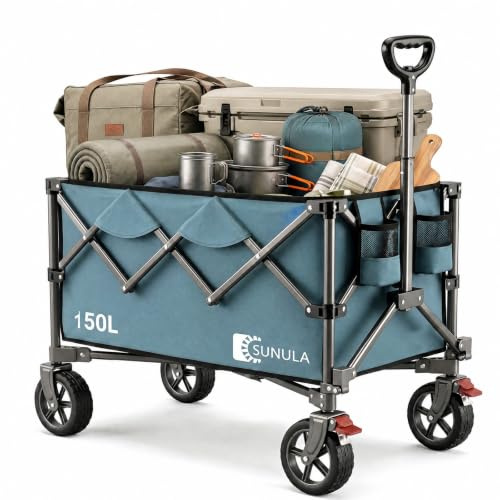 SUNULA Bollerwagen Faltbar 150L 120KG, Handwagen Geländegängig mit Bremsen | Klappbarer Handwagen mit Ein-Klick-Handgriff & 4-seitig zusammenfaltbar, ideal für Einkauf, Camping, Garten, Blau
