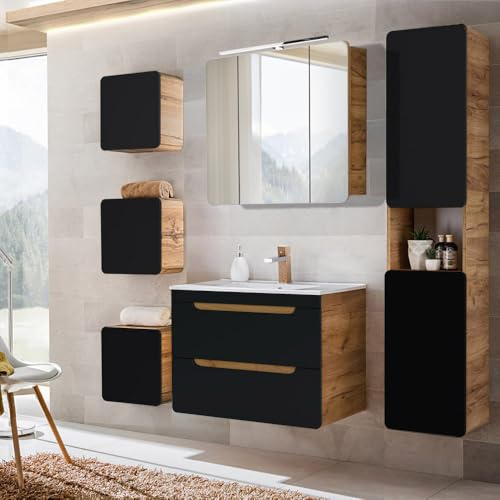 Lomadox Badmöbel Set in seidenmatt anthrazit mit Wotan Eiche Nb. NEW-Luton mit 81 cm Keramik-Waschtisch & LED-Spiegelschrank, B/H/T ca. 130/200/46 cm