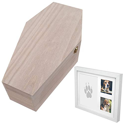 PrimoLiving petbye Holz Kleintiersarg mit Bilderrahmen - Größe L für kleine Haustiere - Tiersarg Natur mit festem Metallverschluss - Sarg Bilderrahmen Pfoten Gipsabdruck