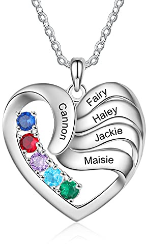 ALBERTBAND Personalisierte Damen Halskette für Mama Herz-Anhänger mit 2/3/4/5 Namen Geburtsstein 925 Sterling Silber Mutter Kind Kette Geschenk für Damen Mutter Ehefrau Freundin