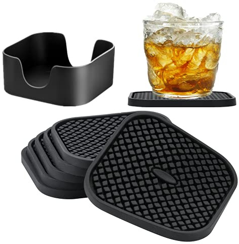 IYYI Silicone Coasters Set of 6, Drink Coasters with Holder, Non-Slip Cup Mat, Deep Tray Absorbent Coaster, Heat Resistant Countertop Protection (Black-Square)
