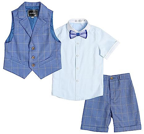 LOLANTA 4 Pezzi Bambini Ragazzi Abbigliamento Set Camicia + Papillon + Gilet + Pantaloni, Ragazzo Gentleman Nozze Smoking Cerimonia, Plaid Blu Scuro, 7-8 Anni, 140