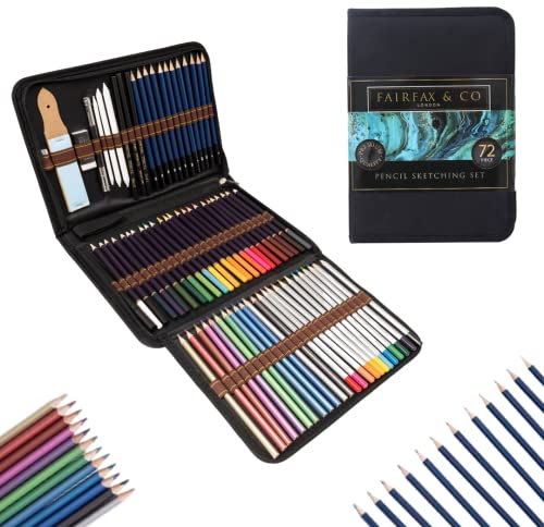 HTI Fairfax & Co 72-Piece Sketching & Drawing Pencil Set | Artist Kit with Shading, Colouring & Charcoal Pencils | Portable Art Supply Case for Kids, Adults & Beginners