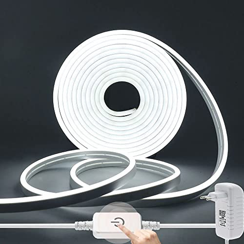 Wisada Neon LED Streifen 1m, 12V 2835 120LEDs/m Silikon Flexibler Neonstreifen, Dimmbar Kaltes Weiß Neon LED Lichtband mit Berühren Dimmer & Netzteil für Schlafzimmer