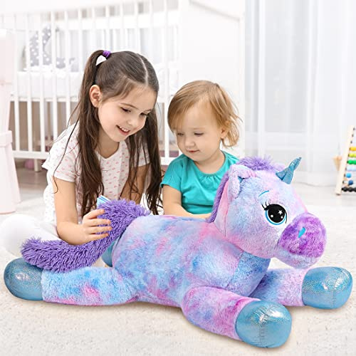 SNOWOLF Großes Einhorn Plüsch Kissen - Fluffy Mehrfarbiges Tier Spielzeug für Kinder, Mädchen und Jungen - Pferd Design (Blau, 80cm)