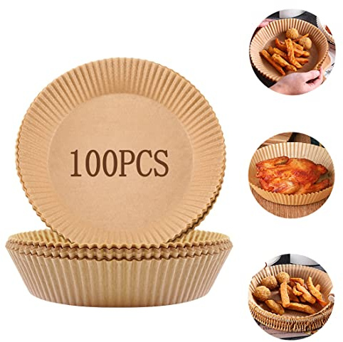 Camkum Backpapier für Heißluftfritteuse 20-24CM Rund, 4,5-6,5 Liter Heißluftfritteusen，Antihaft-Einweg-Luftfritteusen Paper, Airfryer Backpapier Wasserdicht Pergamentpapier Ölfest 100PCS