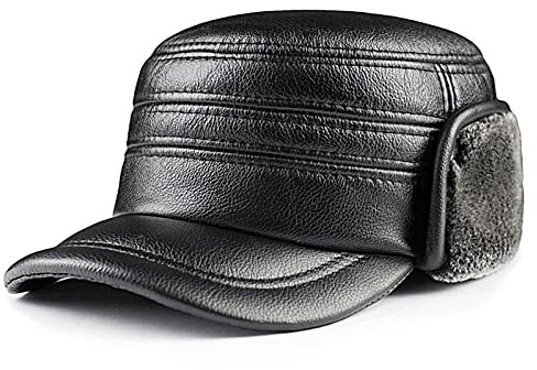 JIARY Mütze Herren,Fliegermütze,Outdoor-Lederhut Für Herren Mit Winddichter, Warmer Ohrenschützer-Lederhut,Trappermütze Aus Pelz Für Herren,Schwarz,XXL (59~60cm)