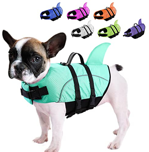 Queenmore Hai-Schwimmweste für kleine Hunde, Hundeschwimmweste zum Schwimmen, Bootfahren, Rettungsweste für Welpen mit hohem Auftrieb, reflektierender Lebensretter für Hunde (Hellblau, S)
