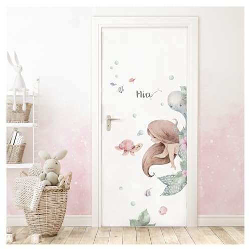 DEKO KINDERZIMMER Türaufkleber Meerjungfrau mit Name Wandsticker Kinderzimmer Wandtattoo Babyzimmer Türsticker Wandaufkleber selbstklebend DK1123-04