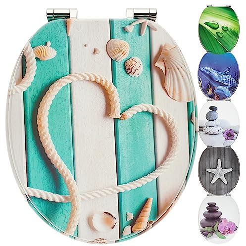 WC Sitz mit Absenkautomatik | Holzkern | stabile Softclose Scharniere | einfache Montage | glatte Oberfläche | Motive zur Auswahl | Holz WC-Deckel universell passend (Maritim)