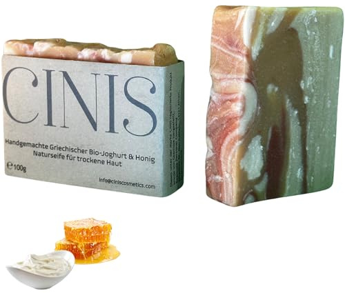 CINIS Handgemachte Bio-Seife Joghurt & Honig 100 g – Feuchtigkeitsspendende Naturseife für trockene & empfindliche Haut – mit Olivenöl, Bienenwachs, sanfter Reinigungs- & Pflegewirkung