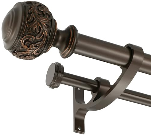 Double Curtain Rod, 1 inch Window Telescoping Drapery Double Rod 72 to 144 Inches (6-12 Feet), Classical Ball Finials,Premium Aluminum Brackets,Antique Bronze