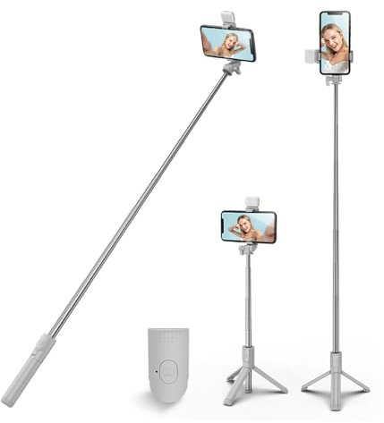 HCTian Selfie Stick Tripod with light,Extendable 360° Rotation Tripod Stand with Detachable Wireless Remote Portable 3 in 1 Phone Holder Compatible with iPhone,Android,samsung (white+light)
