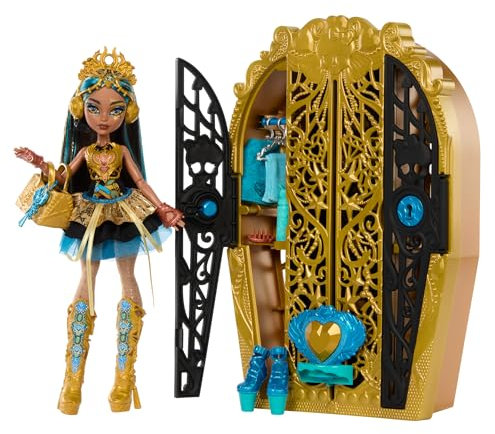 Monster High Skulltimate Secrets Puppen- und Accessoire-Set, Monster Mysteries Cleo De Nile mit Kleiderschrank und mehr als 19 Überraschungen inklusive Kleidung, HXH86