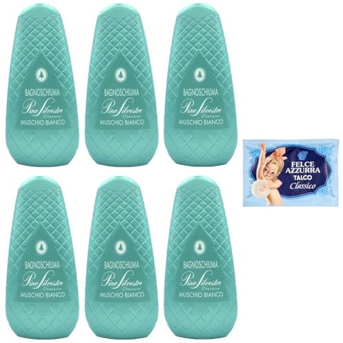 Confezione da 6 Pino Silvestre Bath Foam Bagnoschiuma Classico Muschio Bianco, gel doccia con muschio bianco, 750 ml + 1 confezione di polvere di talco FELCE AZZURRA da 100 g