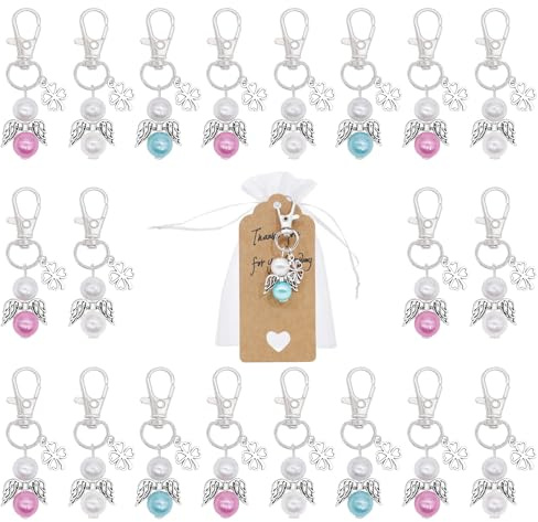 witgift Schutzengel Anhänger,30 Stück Glücksbringer Gastgeschenke Schutzengel Schlüsselanhänger mit Organza Beutel Kraftpapier für Hochzeit Taufe Weihnachten Konfirmation (Blau Rosa und Weiß)