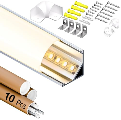 GEEKLUX Profile Alu pour Ruban LED angulaire 2 m x 10 (20 m) Profilé Aluminium V-Shape 45°, pour Bande Led jusqu'à 10 mm avec Diffuseur LED, Pour Plafond, Escalier, Coins - 15,8 x 15,8 mm