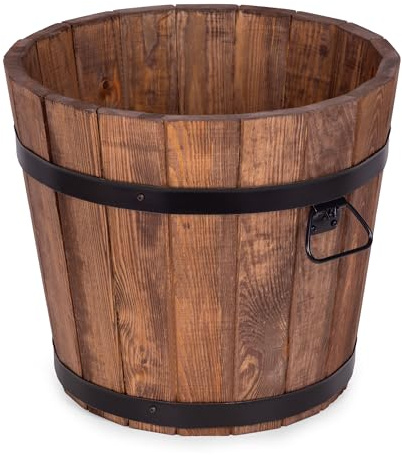Drewdon Großer Holz Blumentopf 50x45 cm – Runder Garten Pflanzkübel mit Metallringen, Dekoratives Holzfass als Pflanztopf – Wetterfeste Blumenkübel für draußen, Balkon, Terrasse & Garten (Nussbraun)
