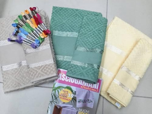 JOLLY MERCERIA, SET 3 COPPIE ASCIUGAMANI CON FASCIA DA RICAMARE A PUNTO CROCE (MISURE 60x105CM E 40x60CM) E 10 MATASSINE DI COTONE MOULINE