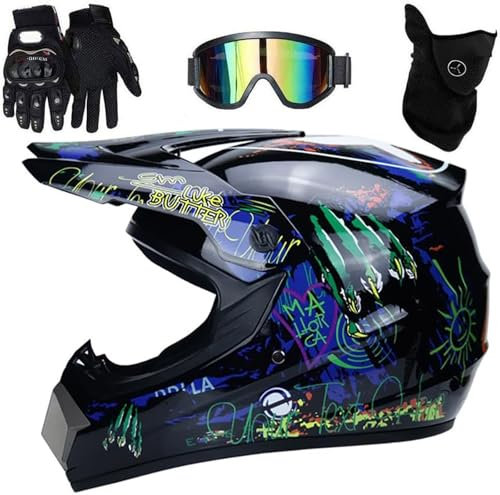 Adulti Integrale Fuori Casco da Motocross, con Guanti Maschera Occhiali, Unisex Strada ATV Casco da Moto, Discesa Dirt Bike MX Quad Bici Enduro Schianto Casco(Black,M(54~55cm))