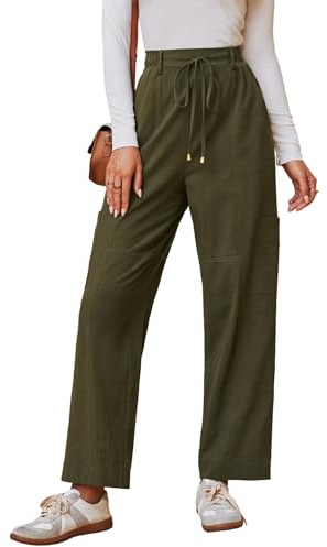 Dokotoo Linen Pants Women High Waisted Drawstring Stretch Pants 100% Cotton Casual Loose Outdoor Travel Trousers Elastic Waistband with 4 Pockets Green