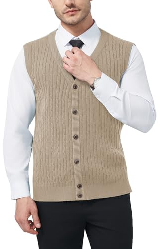 KUYIGO Men's V Neck Jumpers Knitted Gilets Vest with Buttons Knitwear Tank Top Sleeveless Cardigan for Gentleman Khaki XL